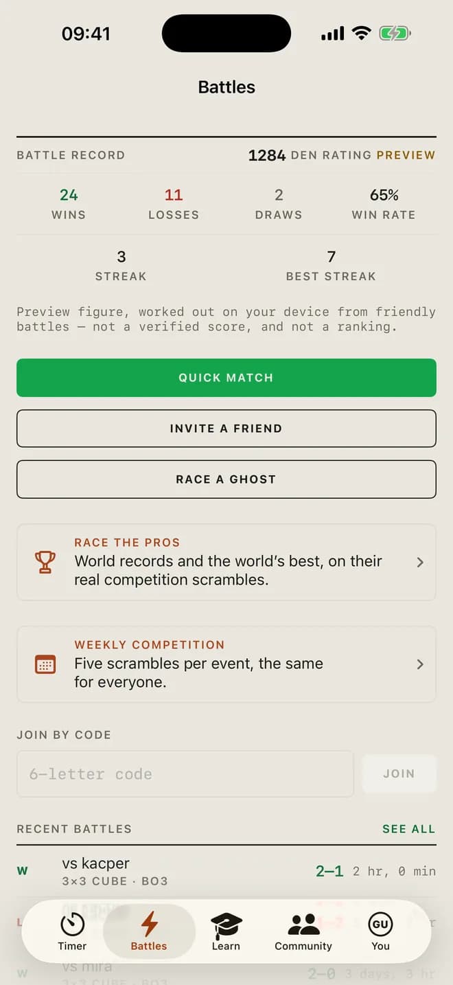 Battles, ghosts and the weekly competition in the CubersDen app