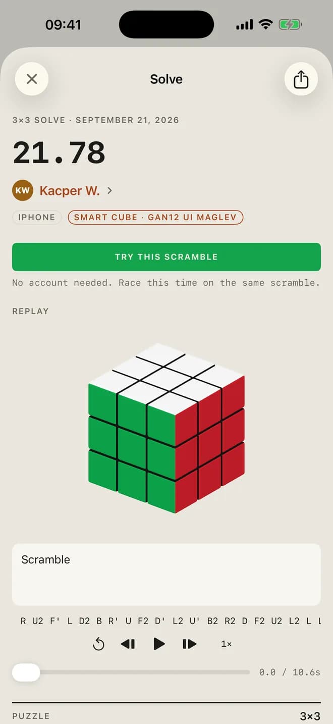 A smart cube solve in the CubersDen app