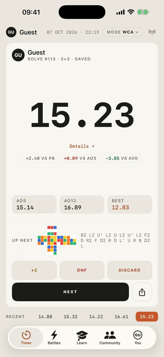 The CubersDen app timer: scramble, time and averages