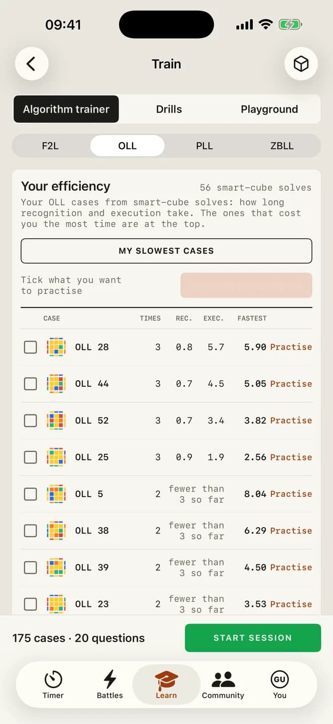 The algorithm trainer in the CubersDen app