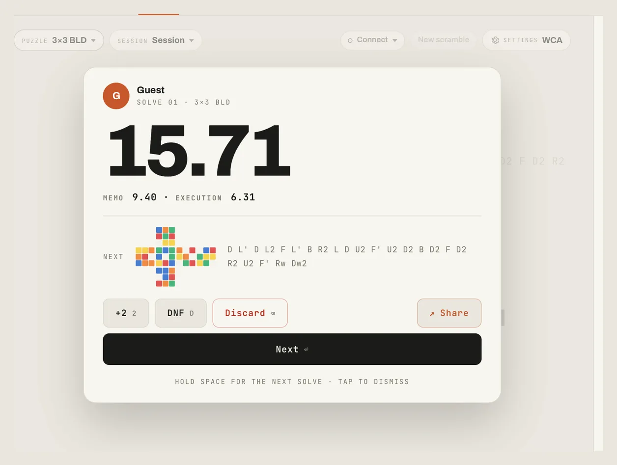 A 3×3 BLD result card: the full time, and under it memo and execution times