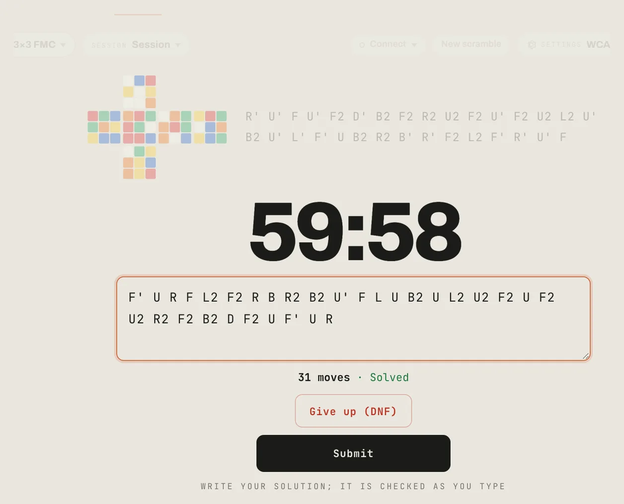 An FMC attempt in the timer: the hour counting down, the scramble, a solution typed in the box, and a line saying how many moves it is and that it solves the cube