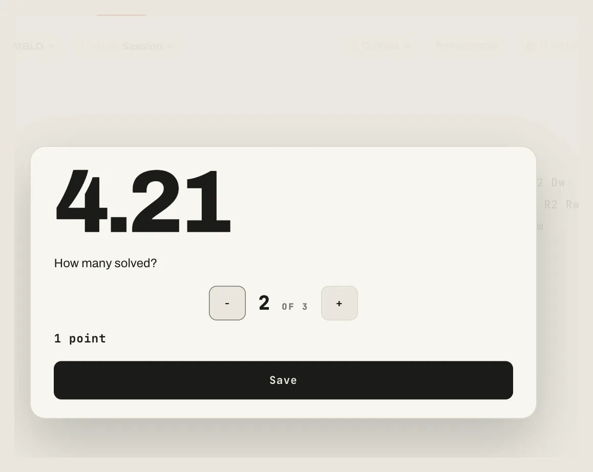 The Multi-Blind card after a stop: the time, a how many solved question with minus and plus buttons showing 2 of 3, the points, and a Save button